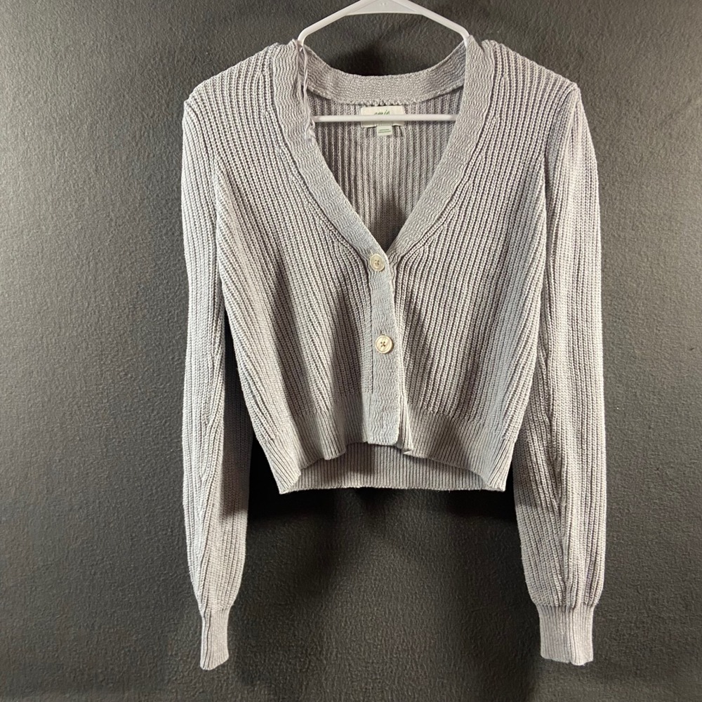 Aerie chunky ribbed knit Cardigan Sweater Cotton Puff Sleeve Gray Small shaker